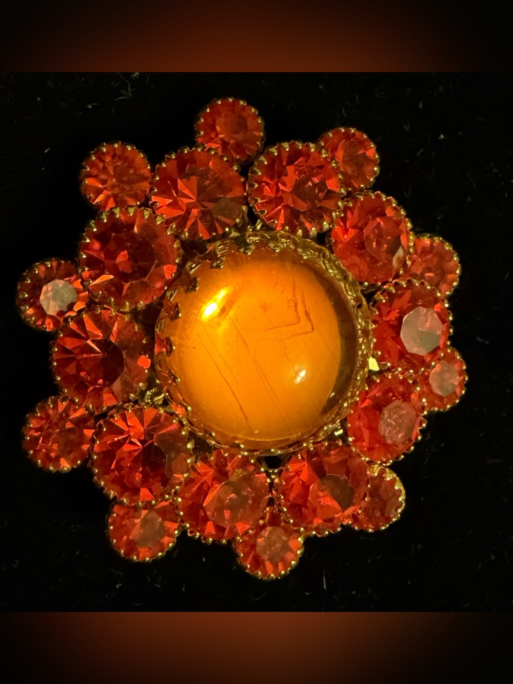 VTG 1950s Domed Orange Rhinestone Amber Cabochon Brooch Pin